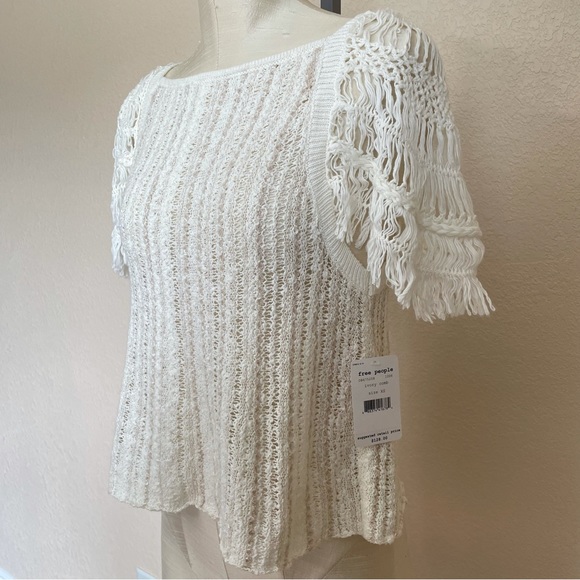 Free People Blackbird Macrame Open Knit Boho Blouse Ivory Combo XS NWT - Picture 7 of 11